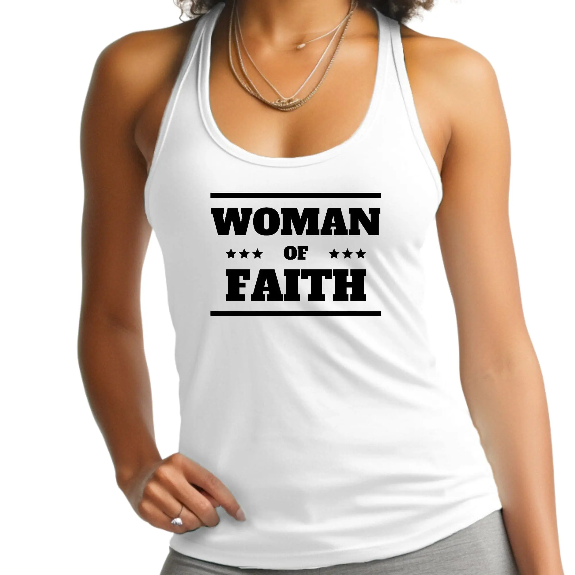 Women's Cotton Fitness Tank Top - Graphic, Woman of Faith Design, Black, Cold Wash Safe, Double-Needle Topstitch, Fits True to Size, Retains Softness After Washing