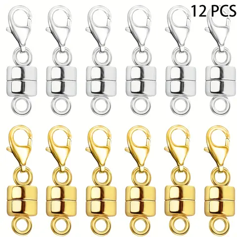 12pcs Plated Magnetic Metal Clasps with Lobster Clasp - Golden, Silvery Jewelry Making Supplies for Necklace, Bracelet Closures, Sturdy DIY Beading Accessories