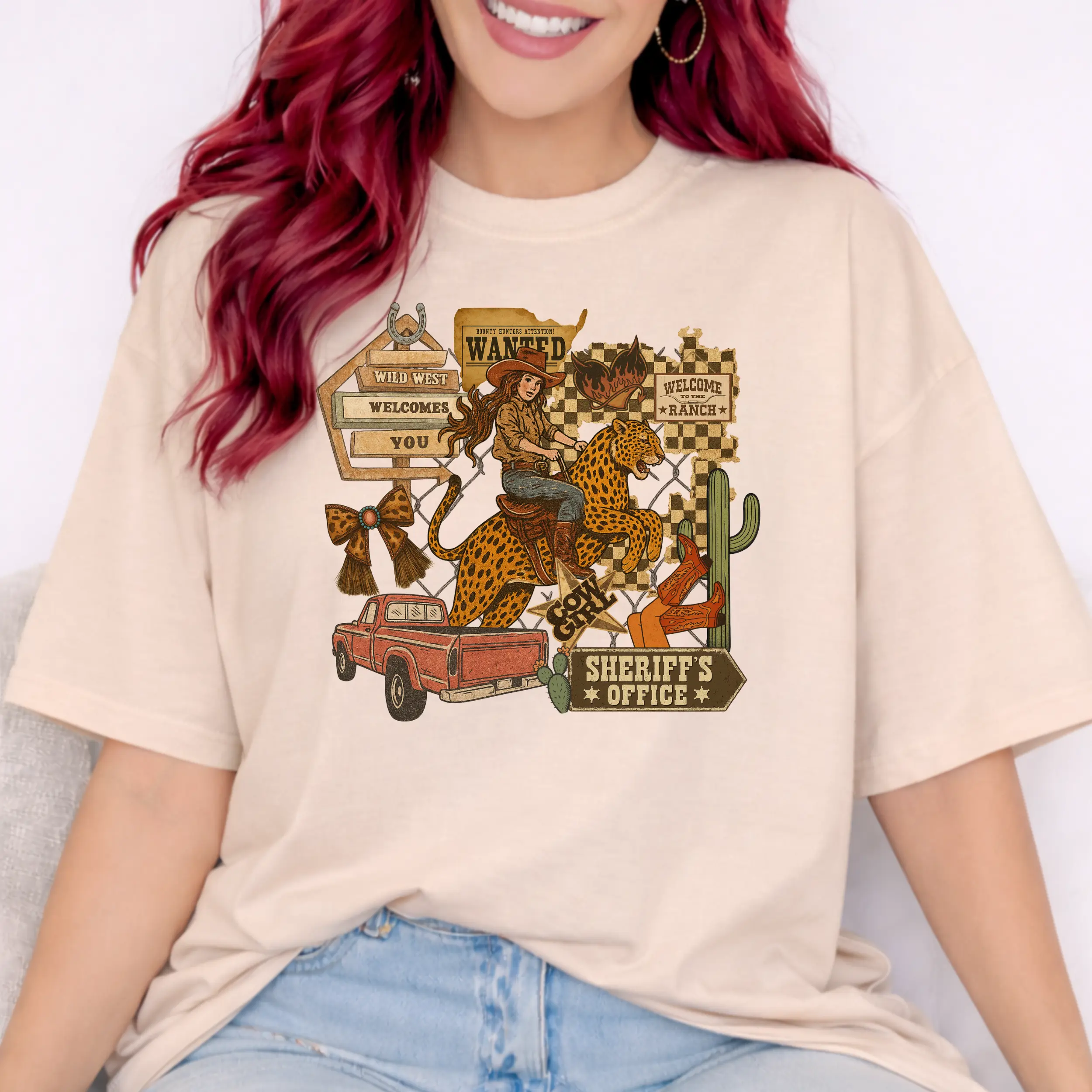 Women's 100% Cotton Tubular Knit Graphic T-Shirt - Vintage Western Truck Print, Breathable Solid Fabric, Crewneck, Short-Sleeve, Casual Rider Tee, All Seasons Everyday Wear, Machine Washable, Do Not Dry Clean