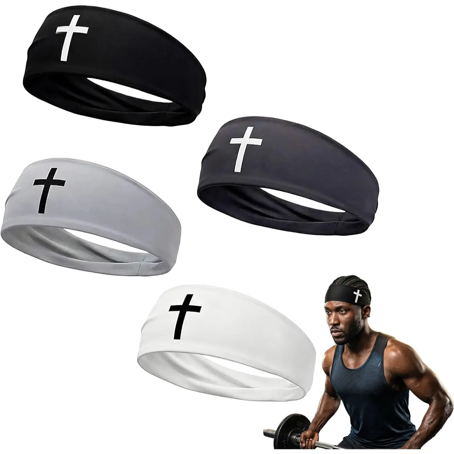 4 Pack Christian Cross Sports Headbands for Men Faith Sweatbands Stretch Workout Hair Bands for Football Basketball Running Gym Fitness
