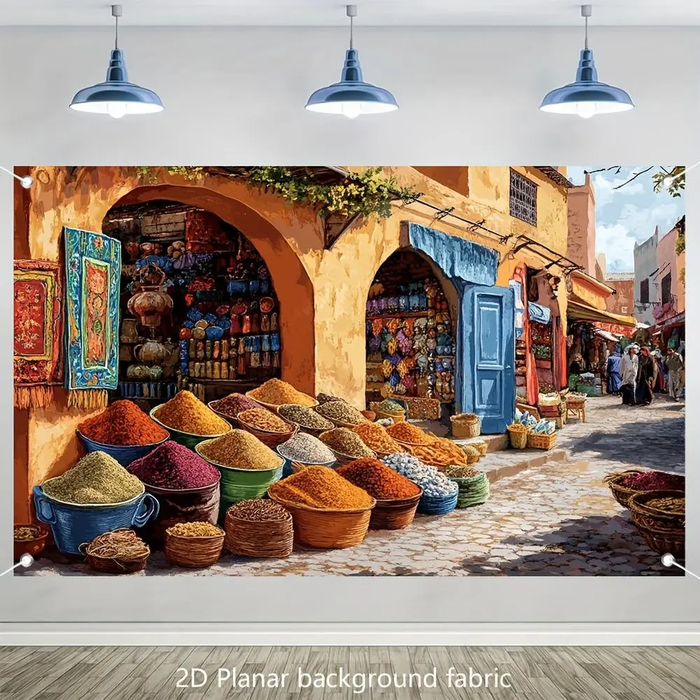 1pc Durable Vibrant Soft Polyester Fabric 2D Flat Ethnic Pattern Moroccan Street Market Tapestry - Spices & Textiles Design Wall Hanging, Machine Washable Indoor/Outdoor Home Decor for Weddings, Glam Events