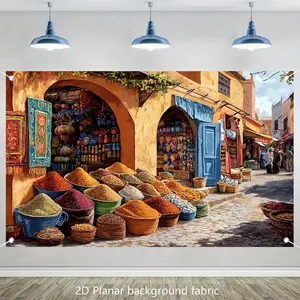 1pc 2D Flat Moroccan Street Market Tapestry - Vibrant Polyester Fabric Wall Hanging Spices & Textiles Home Decor, Weddings, Parties, All-Season Indoor/Outdoor Use, Moroccan