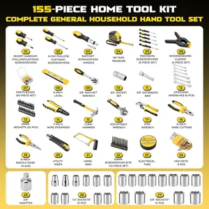 155-Piece Household Hand Tool Set with Toolbox, Portable Home Repair Tool Kit for Garage, Car, – Includes Screwdriver, Sockets, Pliers, Hammer, Level, Tape Measure & More