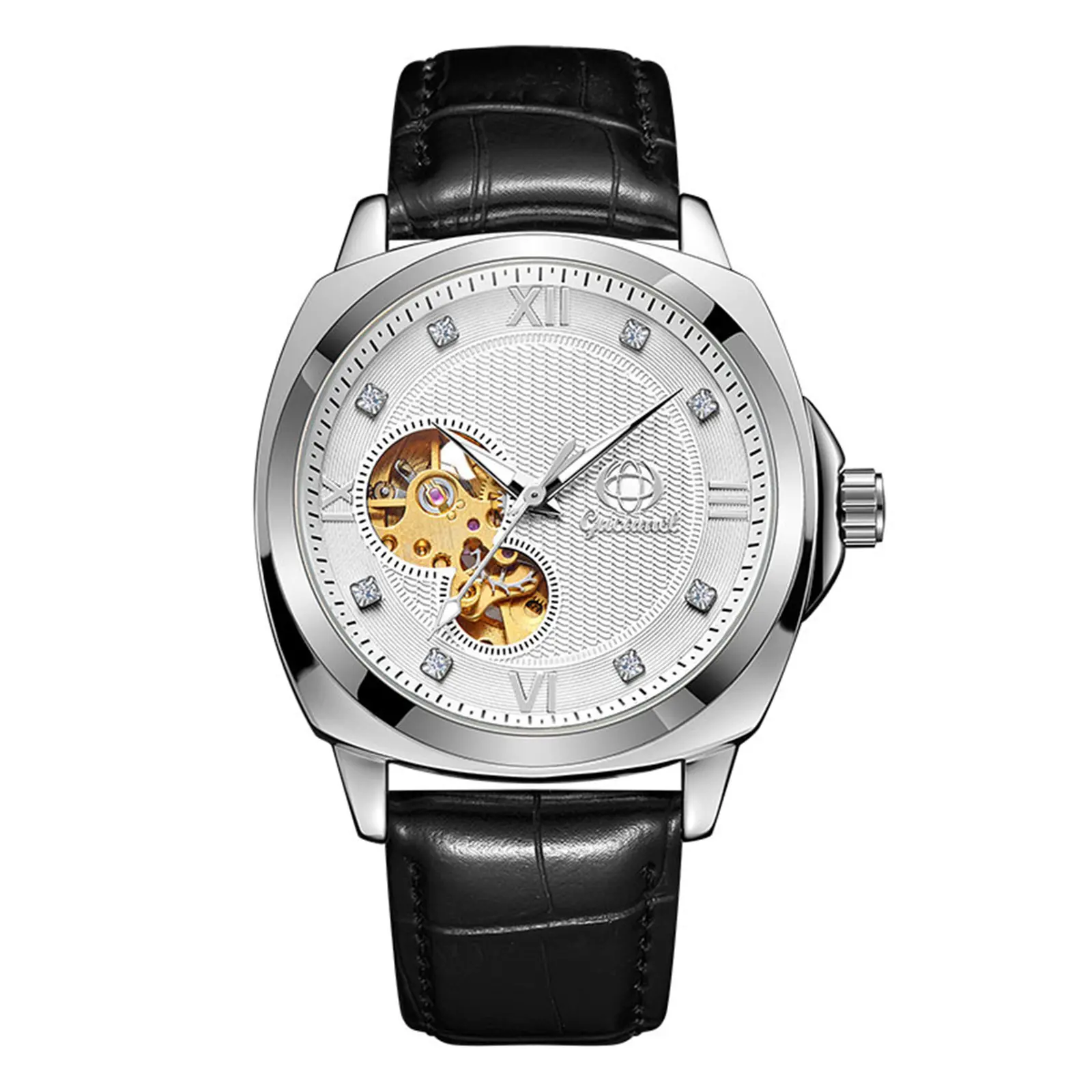 OIDEA Men's Automatic Mechanical Wrist Watch - 20 - 22Mm Square Case, Genuine Leather Band, Rhinestone Diamond Markers, Illuminated Luminous Hands, Chic Classical Casual Trendy All-Season Fashion Gift Watch