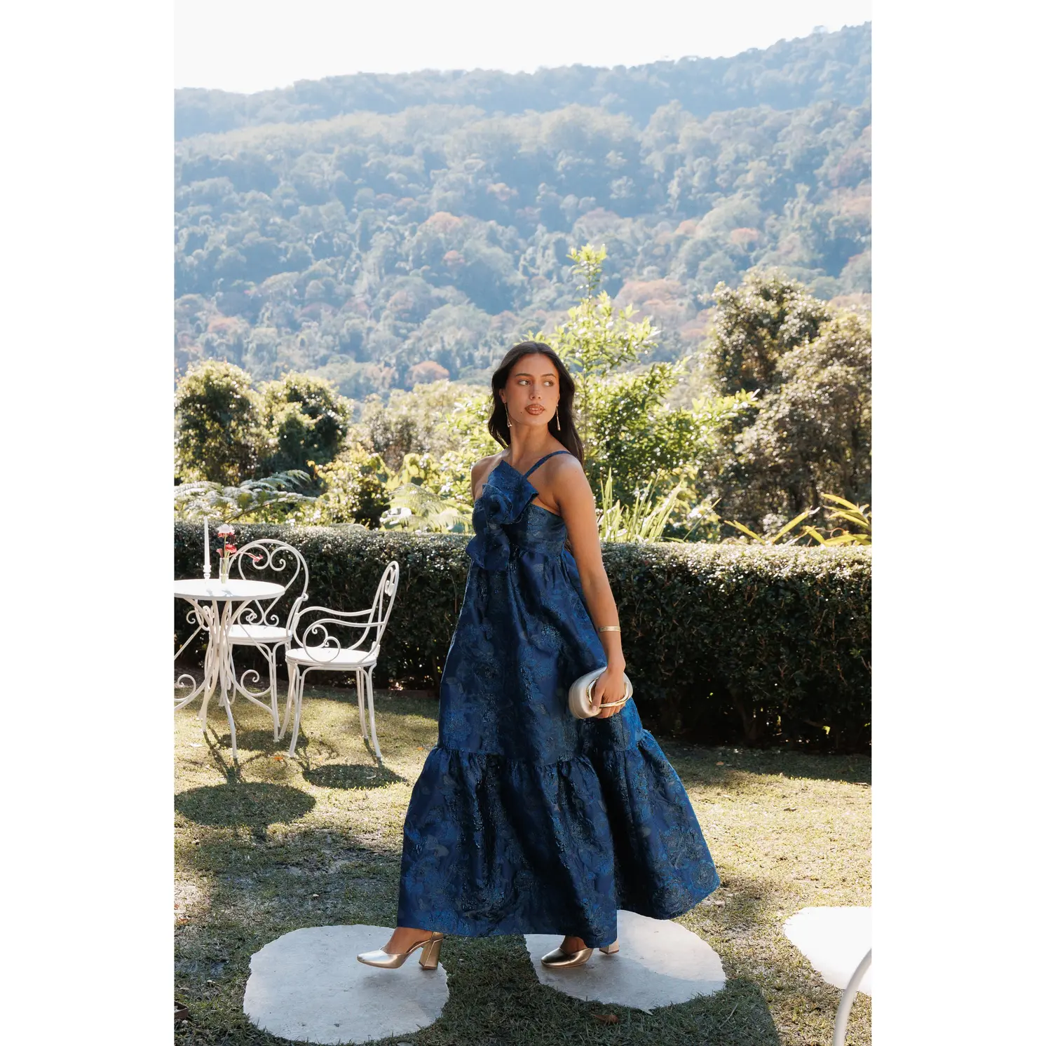 Betina Bow Front Maxi Dress - Blue Brocade