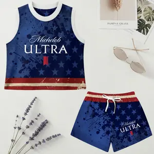 Michelob Ultra Women’s Matching Crop Top and Shorts Set, American Flag Inspired Star Pattern Streetwear Lounge Set, Gift for Girlfriend