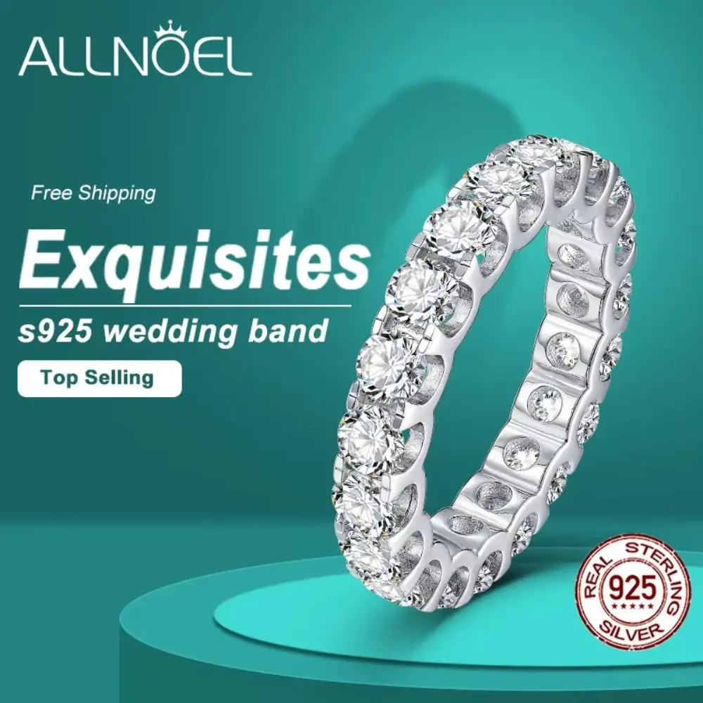ALLNOEL 2mm Full Eternity Moissanite Wedding Band 925 Sterling Silver D Color VVS1 Stackable Ring For Women Fine Jewelry
