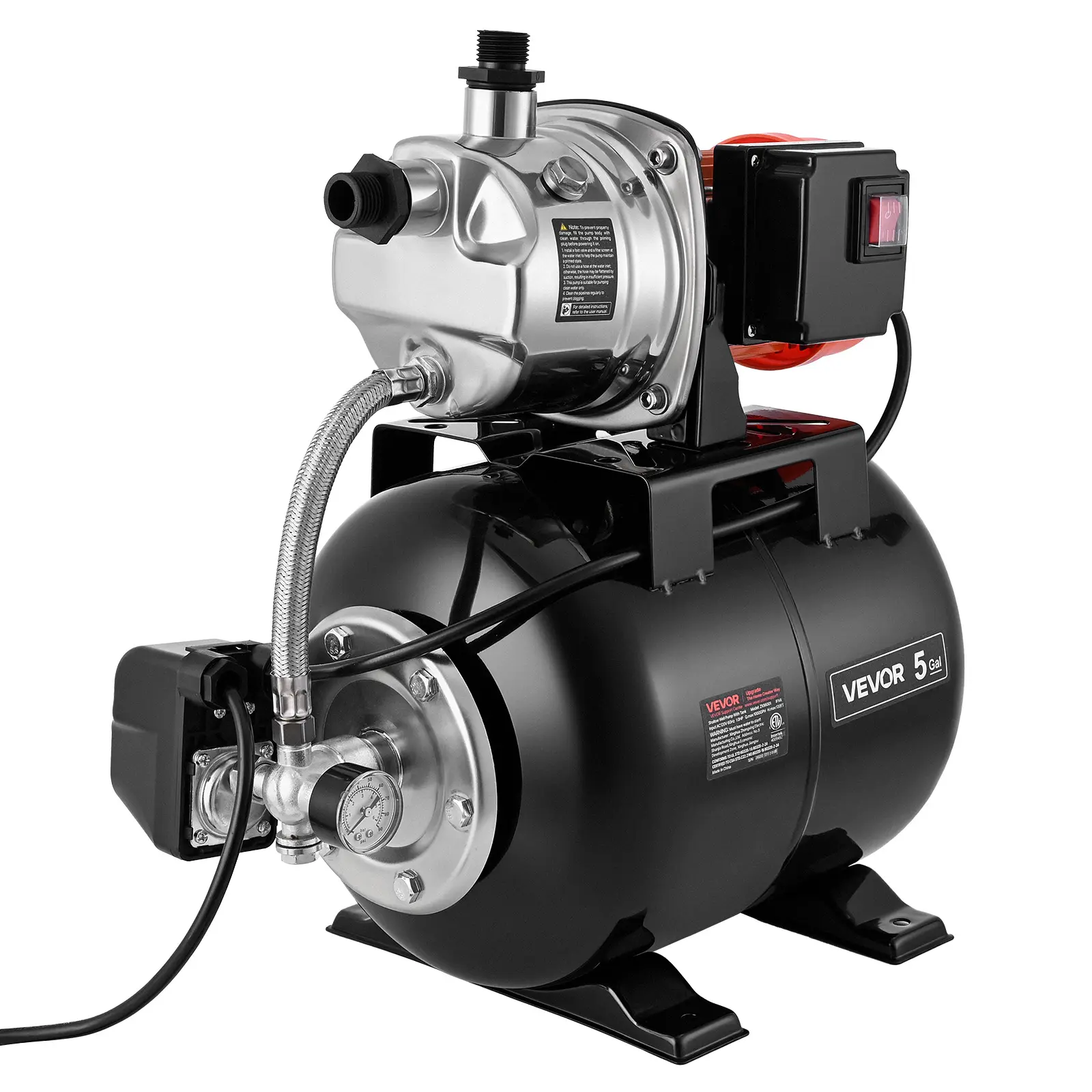 【DealsForYouDays】VEVOR 1 HP Corrosion-Resistant Stainless Steel Shallow Well Jet Pump with 5-gal Tank, 120V 1000 GPH Auto-Start Water Booster System, 20/40 PSI Pressure Switch, Thermal Safety & Overload Protection for Home, Lawn Use