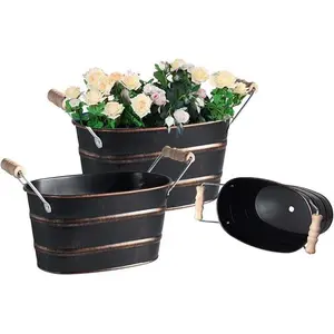 Galvanized Oval Planter Tubs for Outdoor Plants - Farmhouse Small Metal Tin Buckets with Drain Hole & Rubber Plug Medium Plant Containers with Handles Vintage Style for Decor, Set of 3 (Black)