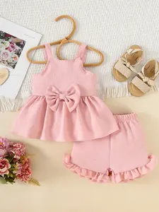 Summer 2-Piece Baby Girls Set, Baby Clothing, Outfit, Cute Bowknot Sleeveless Tank Top, Ruffled Comfort Shorts, Gentle Sweet Floral