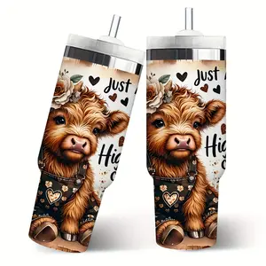 30oz West Texas Express Sunflower Water Bottle with Cow and Woman Design, Lid and Straw, Stainless Steel Insulated Bottle, Suitable for Both Winter and Summer Drinking, Outdoor Travel, Gift for Cow Lovers, Friends, Compact water cecily bauchmann bottles