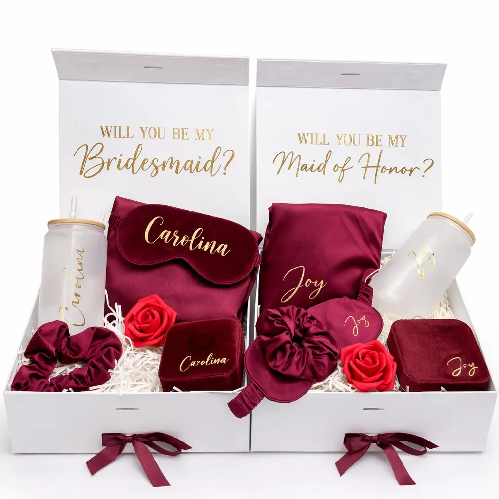 Taniri Bridesmaid Proposal Box - Personalized Luxury Multi-Size Bridal Party Set with Embroidered Satin Pajama, Matching Sleep Mask, Scrunchies, Custom Tumbler, Velvet Jewelry Box, Wedding Theme Keepsake Party Bag & Gift for Wedding Morning