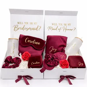 Taniri Personalized Bridesmaid Proposal Box, Luxury Satin Pajama Gift Set with Embroidered Name, Matching Sleep Mask and Scrunchies, Custom Tumbler and Velvet Jewelry Box, Bridal Party Gift, Wedding Morning Keepsake