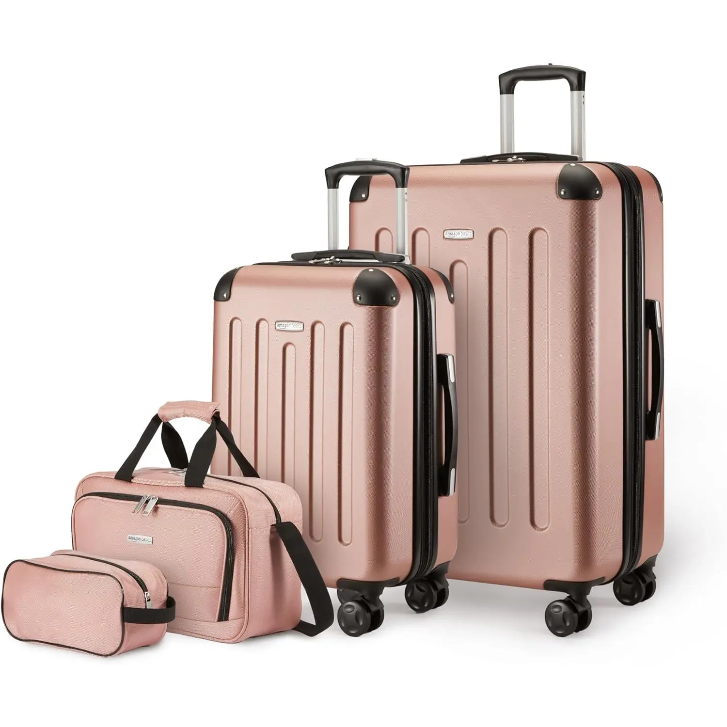Amazon Basics 4-Piece Luggage Set, Including 2 Hardside Suitcases With Multi-directional Spinner Wheels (22" Carry On and 28" Checked), Plus 15-Inch Tote Bag and 10-Inch Compact Travel Bag, Rose Gold