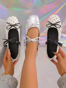 Women's Square Toe Mary Jane Shoes, Vintage French Style Slip-On Flats, Bowknot Design Flats, Comfortable Casual Office Wear, All Seasons Fashion Footwear