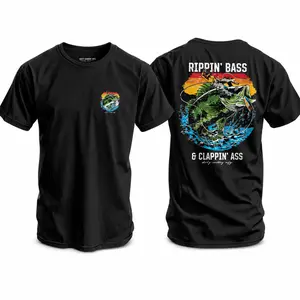 Men's Rippin' Bass & Clappin' Ass T-Shirt, Casual 90s Aesthetic Round Neck Top with a Unisex Loose Fit Fishing Print