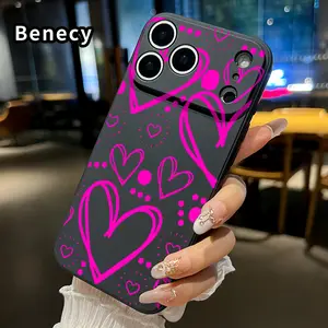 Pink Heart Symphony Pattern Straight Edge Phone Case for iPhone 17 16 Pro Max 15 Plus 14 13 12 11 Air XR E XS Plus Shockproof Non Slip Military-Grade Protection Silicone Cover Cellphone Protective Casing