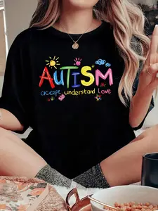 Autism Acceptance Graphic T-Shirt, Colorful 'acceptance Understanding Care' Print, Soft Cotton Casual Wear, Neurodiversity Pride Comfortable Daily