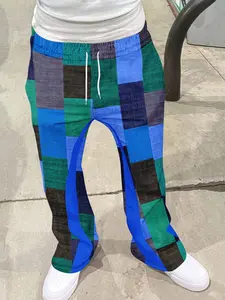 Men's Flared Trousers, Vintage Patchwork Plaid Straight Leg Casual Pants, American Street Style, Breathable Comfort, Trendy Fashion