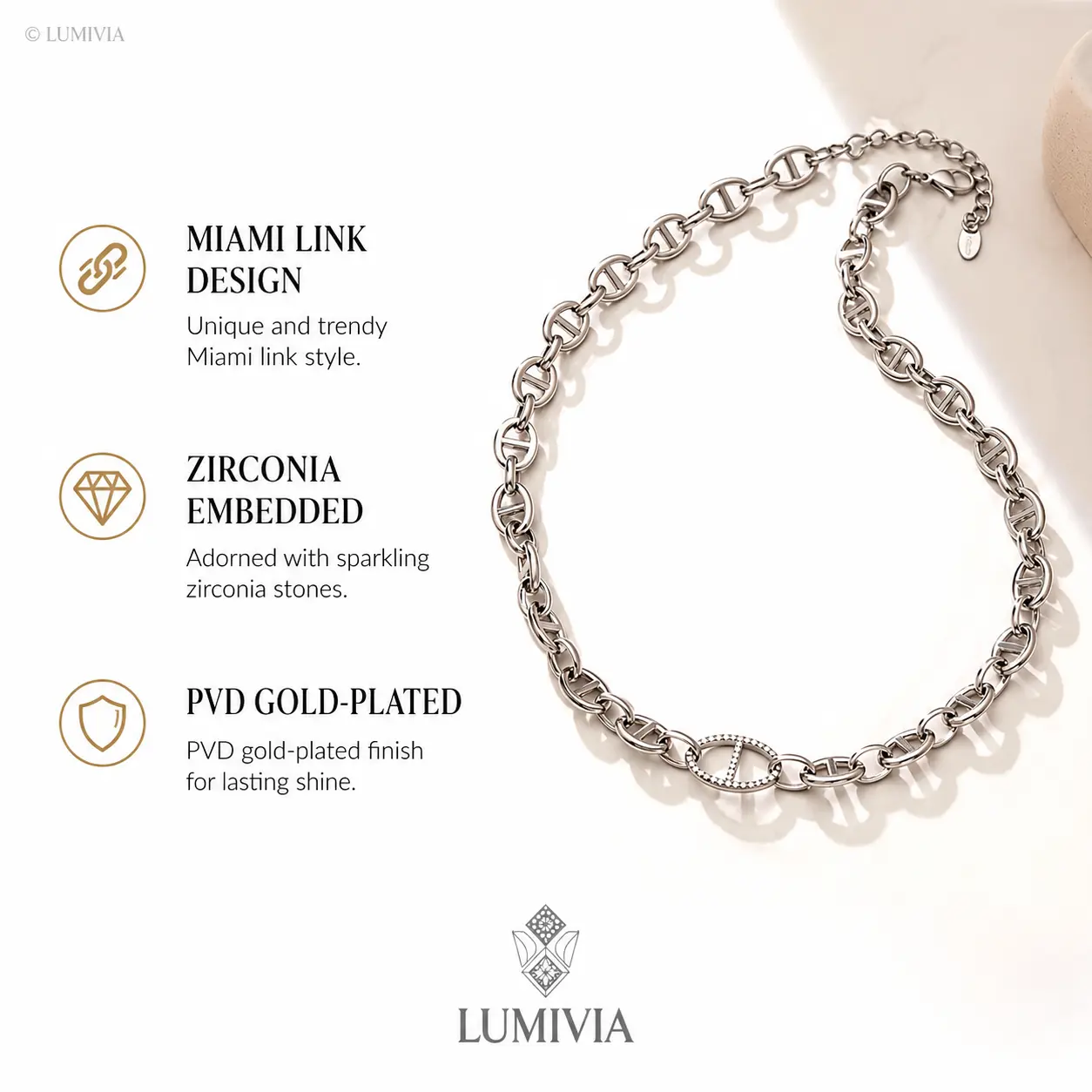 LUMIVIA Stainless Steel Pig Nose Pendant Necklace - PVD Gold-Plated, Zirconia-Embedded Clavicle Style, Chain Links, Gold Chain, Metallic Details, Miami Link Design, Gift for Girlfriend, Chain Links Necklaces, Gold Chain Necklaces