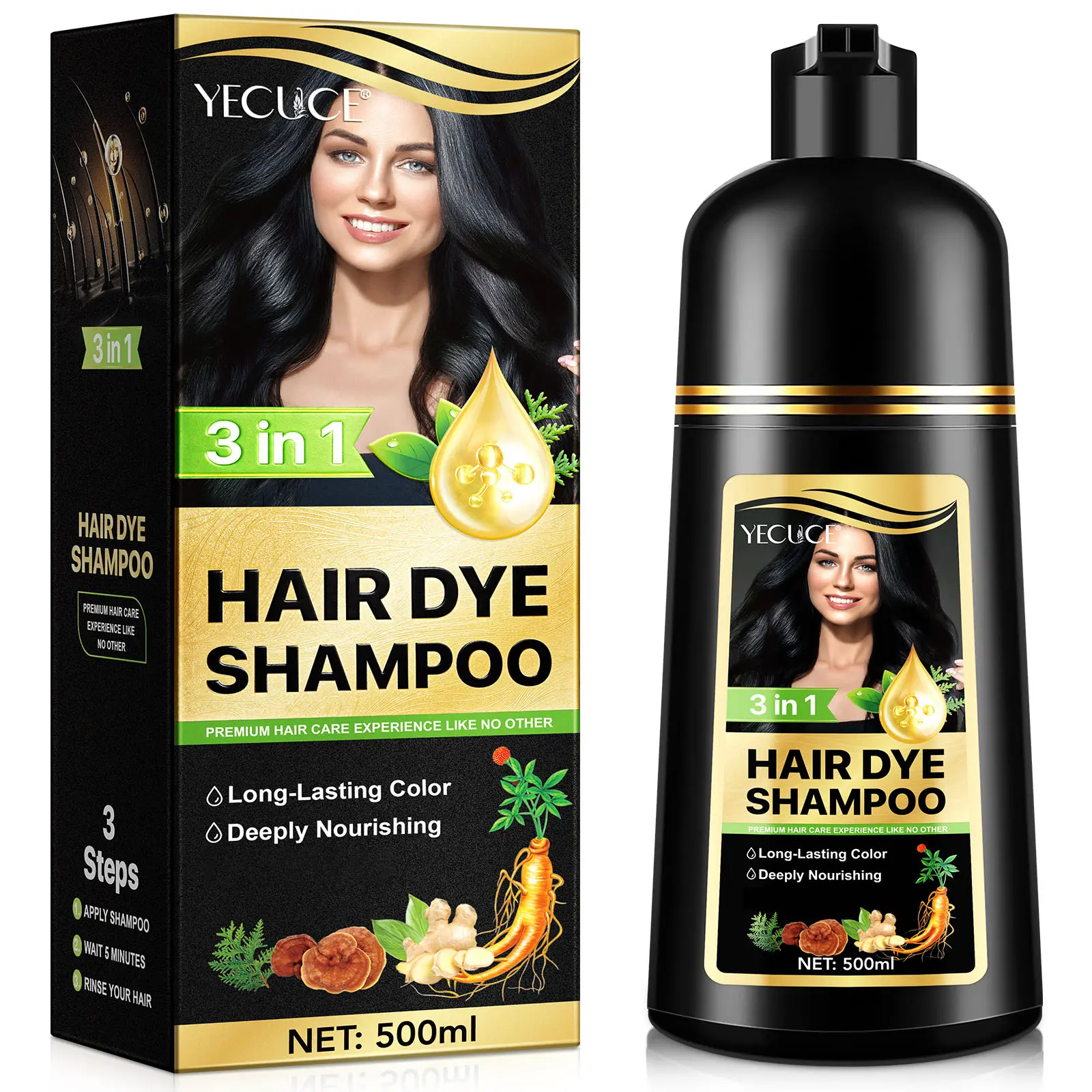 Live-Yecuce Natural Ingredients Hair Color Shampoo for Gray Hair Coverage, long lasting - Black Or Coffee Hair Dye Shampoo 3 in 1 for Women Men Grey Hair (500ml)