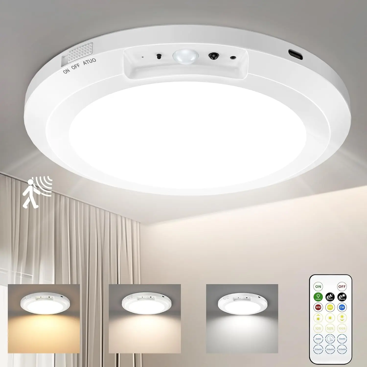 Rechargeable Motion Sensor LED Ceiling Lights - Wireless Battery-Operated Lamp with Remote Control, Timing, Dimmable Functions, Magnetic Mount, Auto-On Off for Bathroom, Garage, Pantry