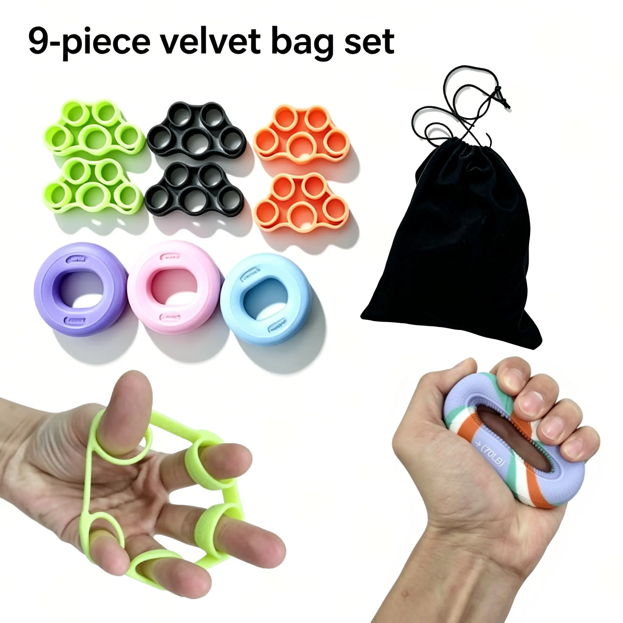 9-Piece Hand Grip Strength Trainer Kit - Finger Exerciser, Forearm Strengthener for Strength Training, Velvet Bag-Included Set with Waist Twist, Core Ab, Flat Chest Press, Torso & Glute Hyperextension Functions