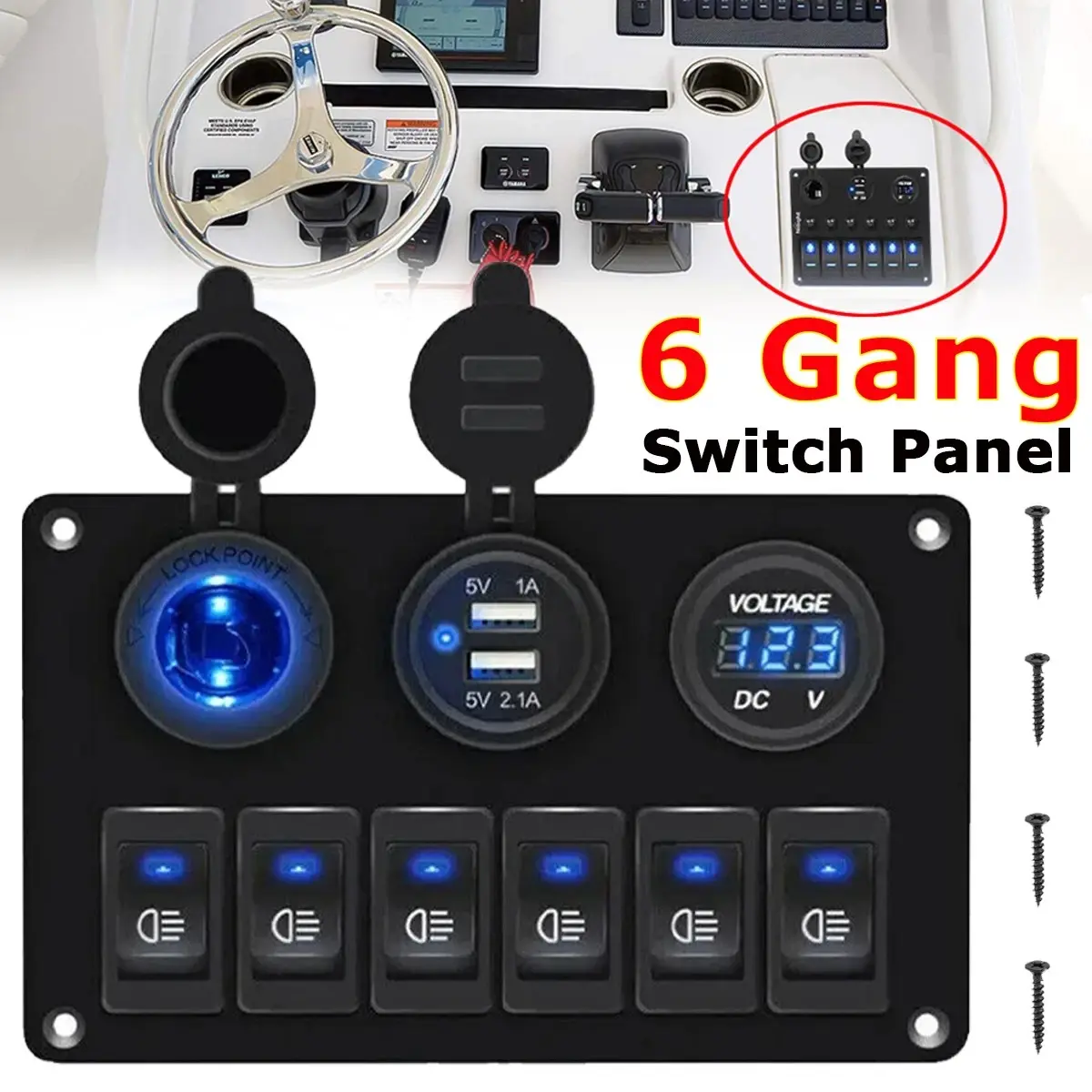 6 Gang Marine Boat Rocker Switch Panel, 12V Waterproof RV Led Switch Panel for Car Truck Marine Boat
