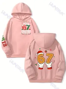 Girls' Fun Number 67 Christmas Gingerbread Man 3D Cartoon Print Aesthetic Hoodie, Long Sleeve Casual Sporty Sweatshirt, Multiple Colors Available