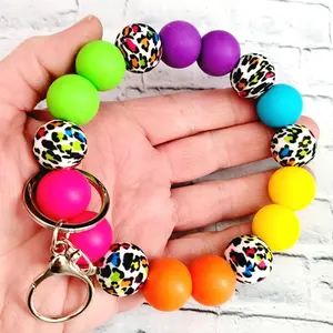 Rainbow Leopard Silicone Bead Wristlet Keychain | Nurse Teacher Gift