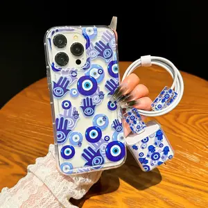 Eye Pattern Phone Case with Charging Cable Protective Case Set, Shockproof Phone Protective Cover, Phone Accessories Compatible with iPhone 16 15 14 13 12 11 Plus/Pro/Pro Max