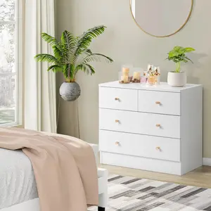 Modern Simple 4-Drawer Dresser Nightstand, Spacious Drawers, Metal Handles of Golden Color, Color White Dresser Nightstand, Beside Table