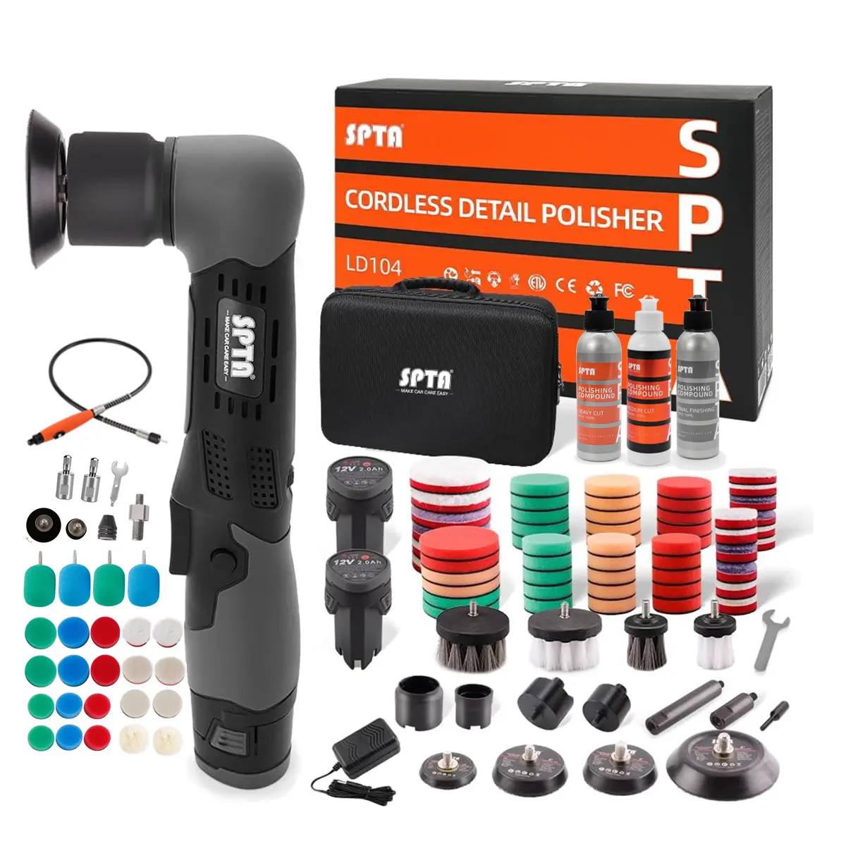 SPTA Cordless Mini Polisher, 12V Cordless Multi Polisher, Micro Cordless Scratches Killer Car Polisher RO/DA Mini Auto Machine Sets With Detailing Shaft & Polishing Pad And Wool Pads for polishing, Sanding and Cleaning