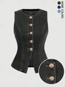 Women's Slim-Fit Stretch Denim Vest Top with Button Closure, Casual Fashionable Design for Daily Wear & Comfortable Fit, Womenswear, Waist Vest Shaperwear