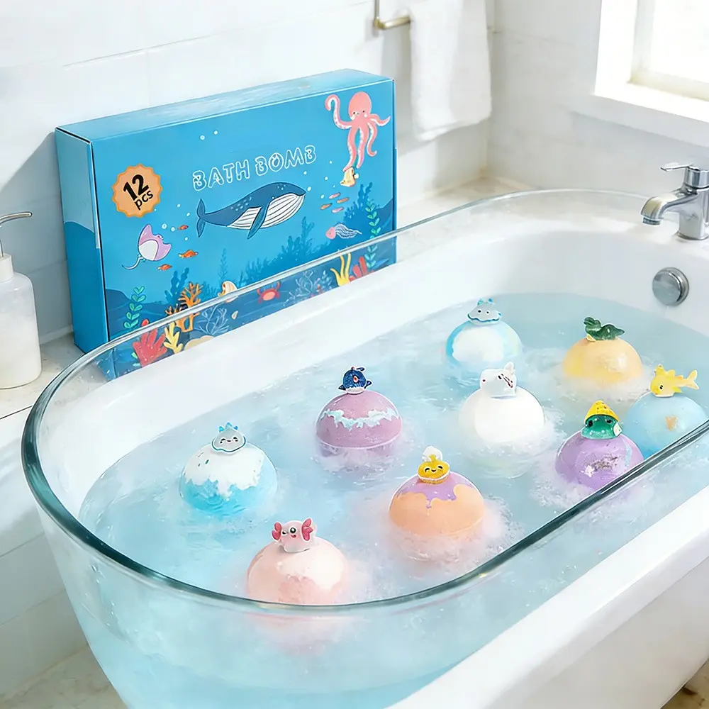 Ocean Toy Bath Salt Ball Set, 12 Bubble Bath Balls Bath Bubble Maker with Kids Bathtub Toys Gift Box, Fun Day Gift, Sensory Play, Sea Salt Ingredients