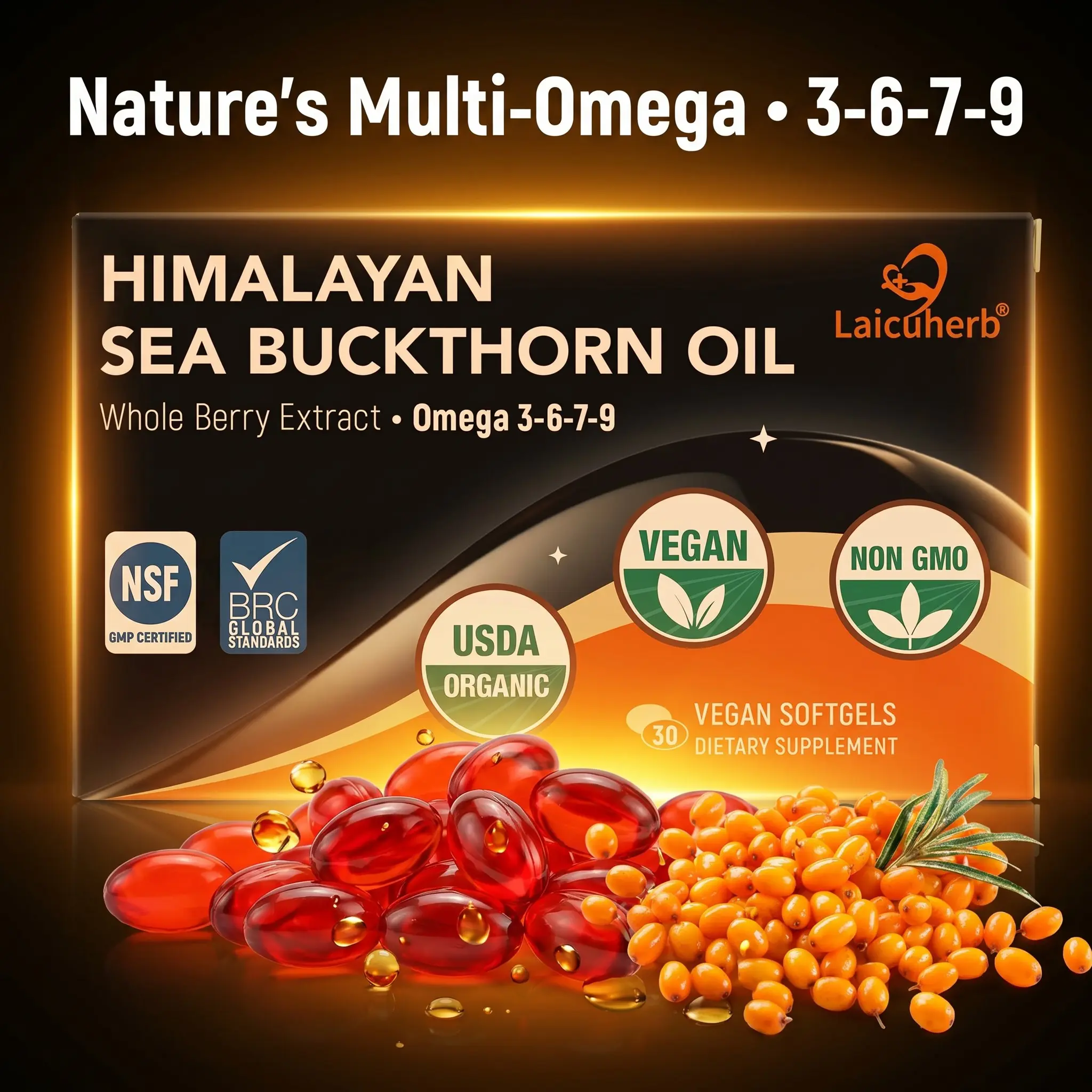 Himalayan Organic Sea Buckthorn Oil Vegan Softgels — Nature's Multi-Omega 3-6-7-9 Whole Berry Extract, CO2-Extracted & Wild-Harvested for Daily Wellness Support