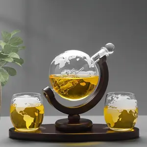 28.74oz Whiskey Decanter Set with 2 Engraved Globe Glasses, Perfect for Scotch Vodka Rum Tequila, Luxury Home Bar Accessories Gift, Liquor Decanter Set
