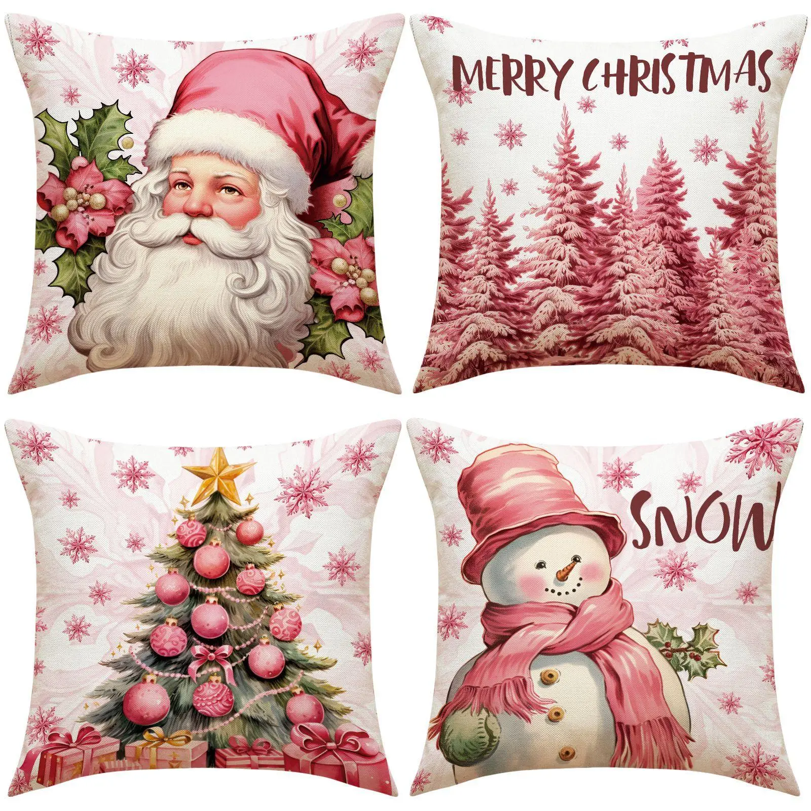 Christmas Themed Cushion Cover without Filler, 4 Counts/set Snowman & Christmas Tree & Santa Claus Pattern Cushion Cover, Decoration Supplies for Livi