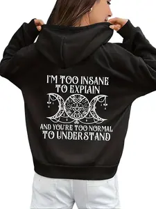 Semi-circular slogan graphic hooded sweatshirt  Casual style, hooded neckline, slightly stretchy fabric, suitable for autumn and winter, pullover style