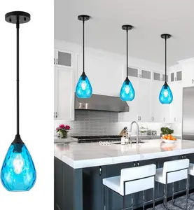 Glass Pendant Lights Kitchen Island, 1-Light Modern Black Fixtures with Blue Hammered Glass & Rods Small Hanging Light for Kitchen Sink Dining Room Bathroom