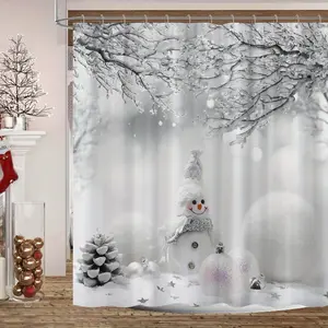 1pc Christmas Snowman Gray Digital Print High Quality Shower Curtain, No Drill Bathroom Partition, Home Bathroom Accessory, Bathroom Decor, Seasonal Decoration, Festive Design, Durable Material, Machine Washable, Lightweight Curtain, Easy I