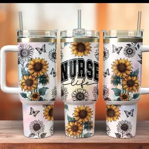 Nurse Life Tumbler - Floral Design with Butterfly, White Handle & Straw, Ideal for Nursing and Daily Use - Bottle, Drinkware