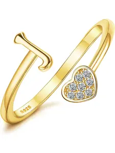 Open 1 Pc Golden Delicate Thumb Ring 925 Sterling Silver Initial Ring for Women Men Sweet Heart Letter Ring Heart Signet Ring Adjustable Capital Letter Ring Stackable Thumb Rings for Mothers Daughter Birthday Bridesmaid Gift Jewelry