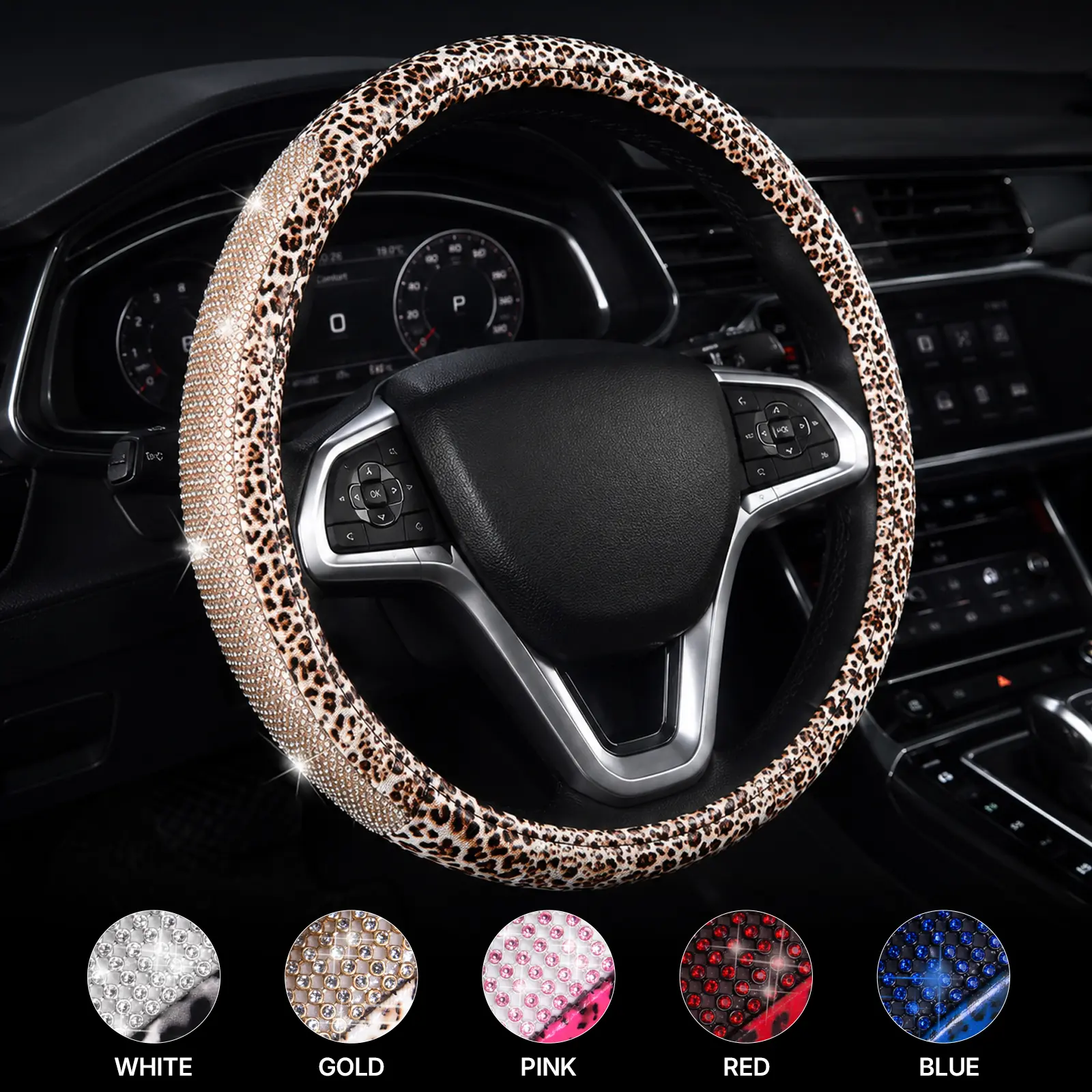 AUTOYOUTH Leopard Print Faux Leather Steering Wheel Cover with Diamond Bling Crystal Rhinestones, Non-Slip Breathable, Universal 14.5-15 in, Accessories for Women, Cool Car Stuff, Father's Day Gift