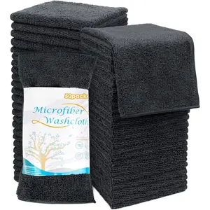 Washcloths Bulk Towels Set 50 Pack, Highly Absorbent and Super Soft Microfiber Fingertip Towels, Multi-Purpose Wash Cloths for Bathroom, Hotel, , and Gym, 12x12 Inch, Black