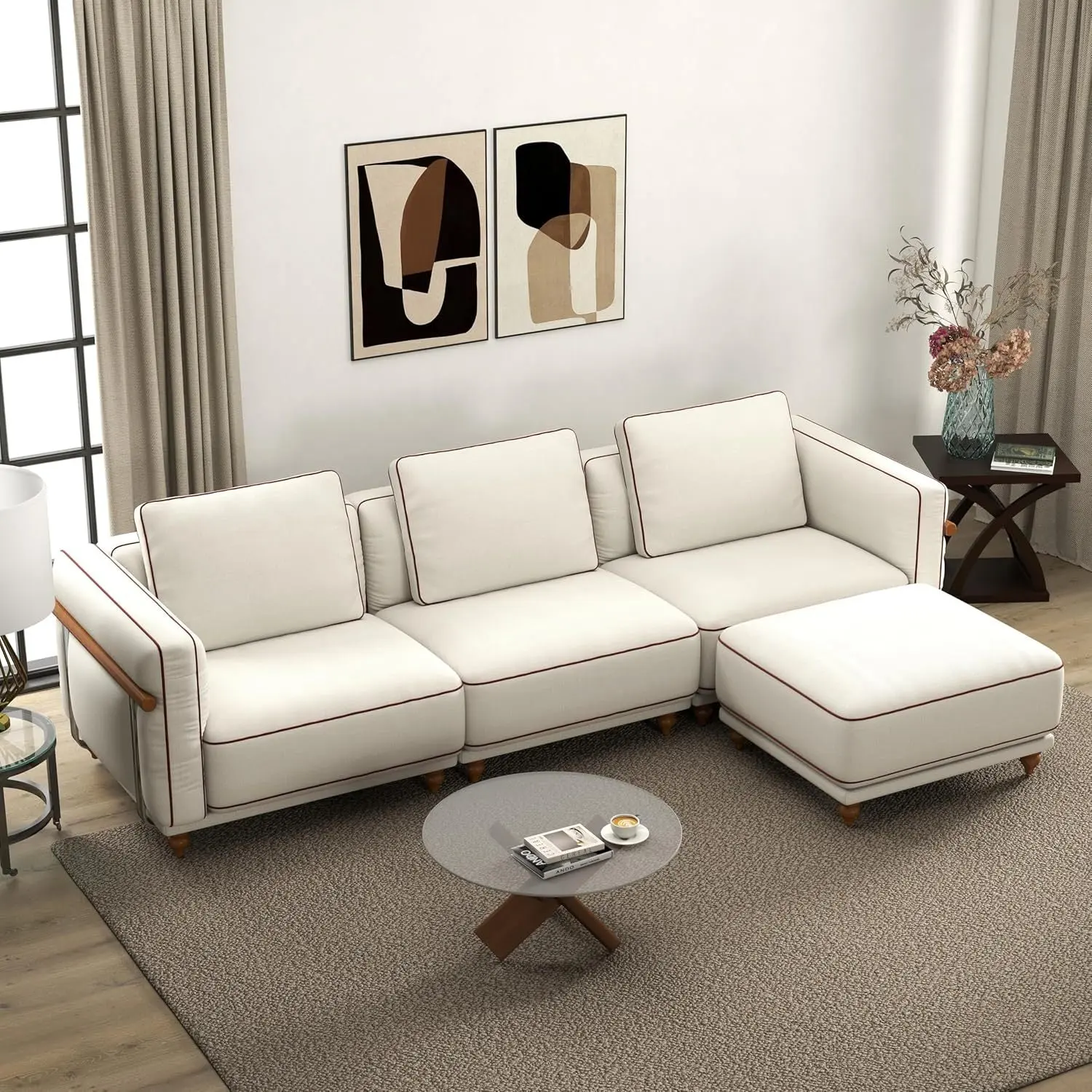 157.5-Inch Luxury Cloud-Shaped Modular Linen Sectional Sofa with Ottoman, 70% Down-Filled Extra Deep Seat, Removable & Washable Ultra-Soft Upholstery, White Indoor Living Room Sofa with Stainless Steel Elements, Curved Form, Modular Setup, Multiple Seats