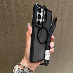 Magnetic Magsafe Metal Lens Holder Shockproof Phone Case with Wrist Strap for Samsung Galaxy S26Ultra S25 Ultra S24 S23 Ultra, Wireless Charging Compatible