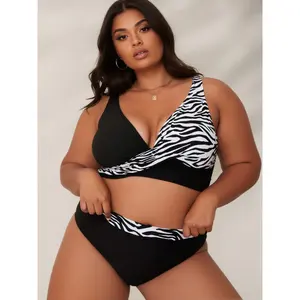 Women's Plus Size 2-Piece Bikini Set, Black White Zebra Print Color Block, Wrap Twist Front Deep V Neck, Adjustable Shoulder Straps, High Waist Tummy Control Cheeky Bottom, Curvy Friendly Sexy Slimming Swimwear for Beach, Pool, Vacation, Resort Wear, Summ