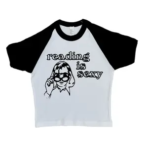 B&W Reading Is Cool Raglan Crop Top Cotton Womenswear Baby Cap Sleeve Girls Black