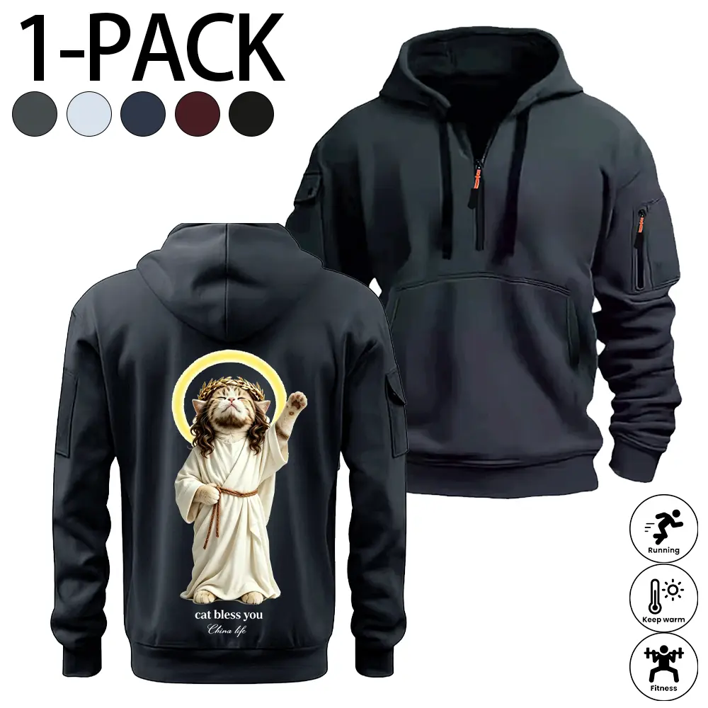 Retro Cute Holy Cat Graphic Hoodie China Life Slogan Design Half Zip Pullover Hoodie With Side Zipper Pockets For Men